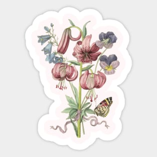 Lily Flower Bouquet with Butterfly Vintage Botanical Illustration Sticker